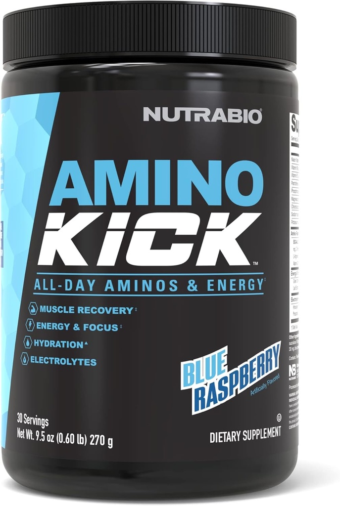 NutraBio Amino Kick – BCAA Polvere con caffeina naturale – Aminoacidi Supplemento per energia, idratazione e recupero – BCAA, elettroliti e aminoacidi – Blue Raspberry, 30 Serve