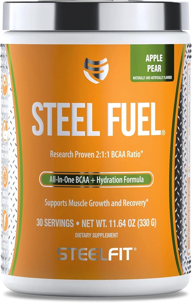 SteelFit Steel Fuel 5g BCAAs polvere di aminoacidi per Intra-Workout per accelerare la crescita del muscolo & maggiore resistenza - 30 Serve in Apple Pear - BCAA Supplements Polvere per elettroliti & Recupero