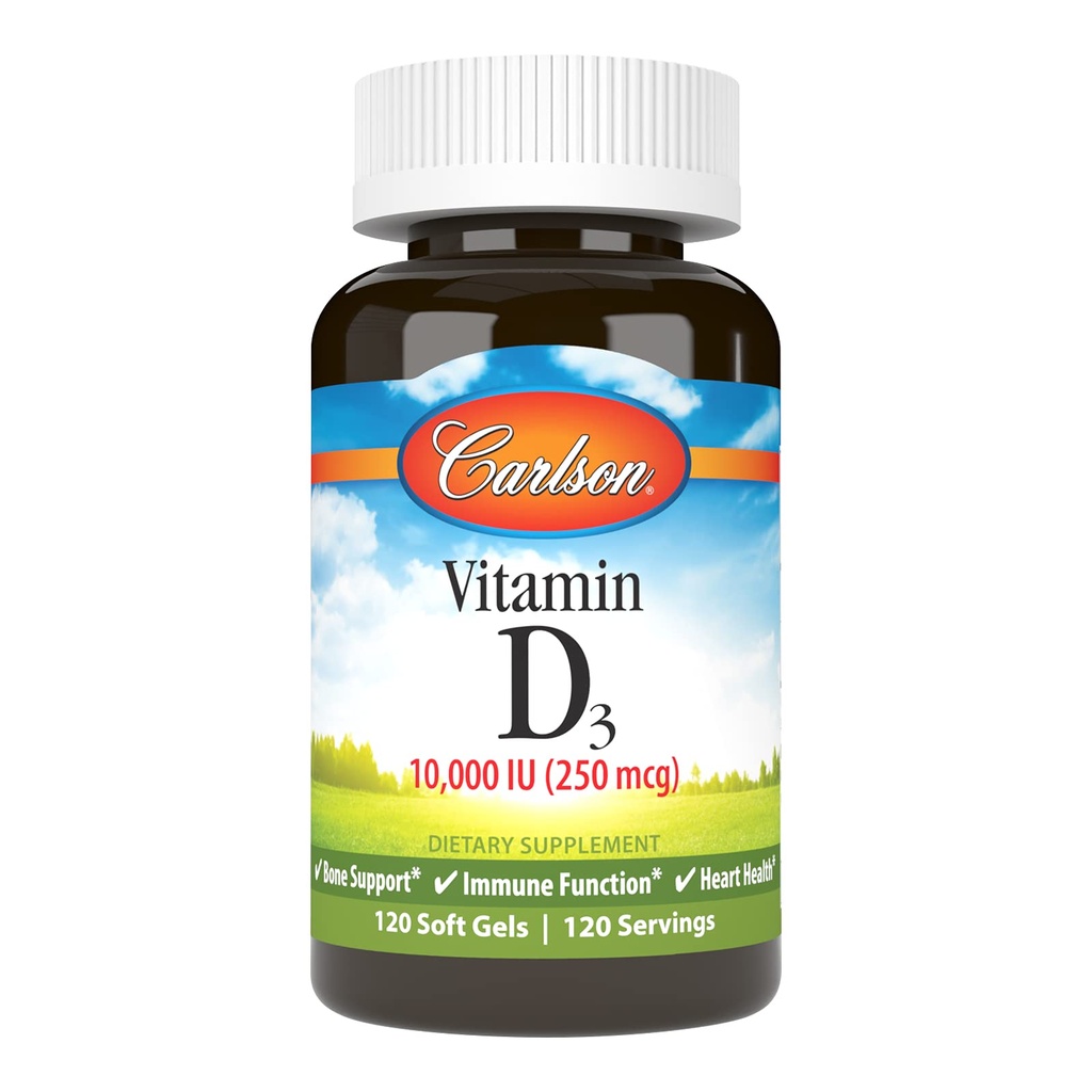 Carlson - Vitamina D3, 10000 IU (250 mcg), Integratori di vitamina D, Supporto Bone & Immune, Vitamina D3 Softgels, Salute Del Cuore, Gluten Free Vitamin D Capsule, 120 Softgels