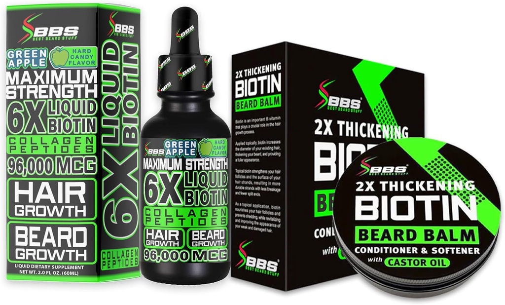 Kit di Crescita del Cuscinetto w/ 2X Cuscinetto Biotin Balm & Mustache Wax + 6X Biotina liquida con Peptidi di collagene per la crescita dei capelli facciali - Formulato in America