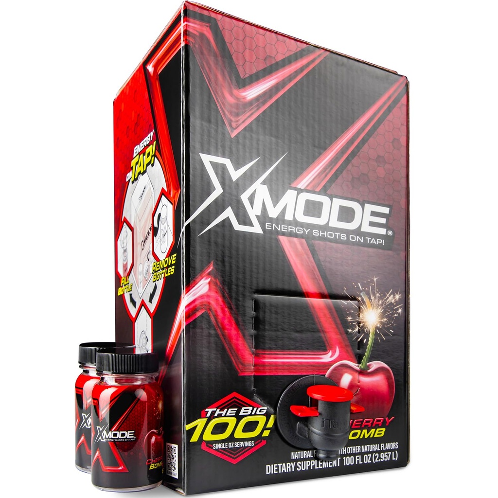 XMODE Extra Strength Energy Shots on Tap – Cherry Bomb Flavor, Sugar Free, 150mg Caffeina per oz, B12, 100 (1oz) Serve, Dispenser con 2 bottiglie ricaricabili