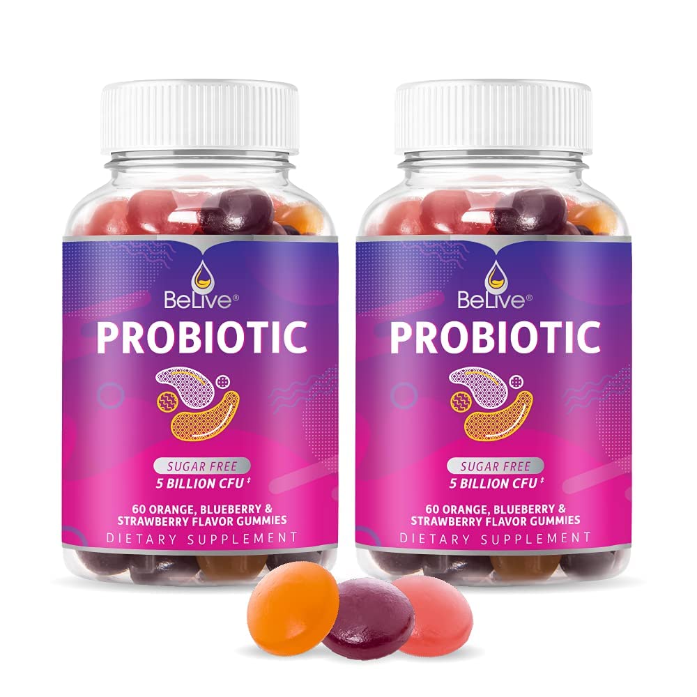 BeLive Probiotic Gummies - Probiotici con 5 miliardi di CFU per la salute digestiva, uomini, donne e bambini Integratori probiotici per il supporto immunitario, Sugar Free & Vegan – Blueberry, Strawberry & Orange | 2-Pack