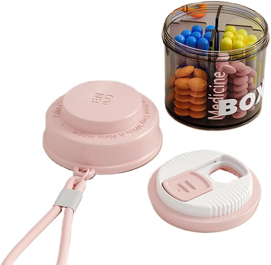 Scatola di pillole rosa per donne borsa, piccolo contenitore di pillole, organizzatore di viaggio Pill, 4 scomparti per bottiglie di pillole, si adatta in tasca, borsa Pill Organizer, Travel Pill case (Pink)