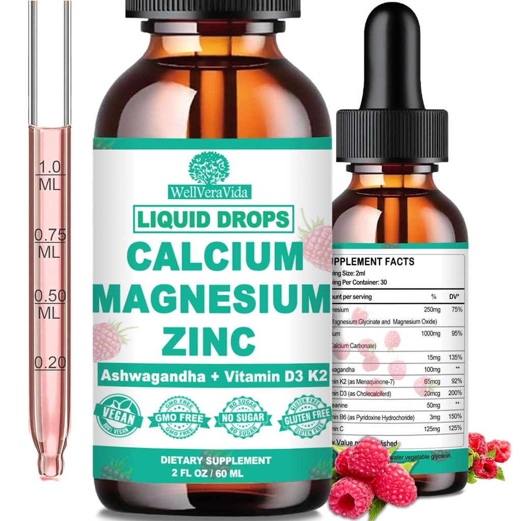 Calcio Magnesio Zinco D3 con Magnesio Calma Glycinate Plus Ashwagandha, L-teanina, Calcio Liquido con Vitamina D3 e Magnesio Supplemento per Immune, Bone, Muscolo, Mood & Sleep Support