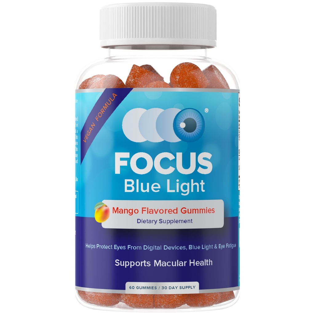 Focus Blue Light Supplement | Lutein e Zeaxanthin Supplemento per la salute degli occhi e la protezione della luce blu | 60 Conte Mango gommoso aromatizzato, alimentazione di 30 giorni