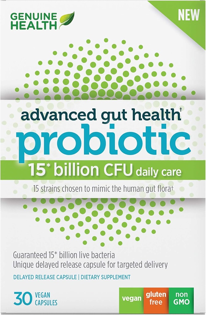 Salute genuina Avanzata Gut Salute Gentle-Care Probiotico, Aiuta a promuovere Digestivo, Gastrointestinale & Gut Salute, Multi-Strain Formula, 30 capsule