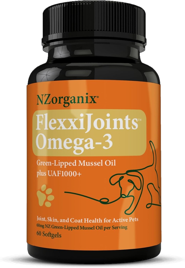 FlexxiJoints Omega-3 Hip and Joint Supplement • Olio verde-Lipped Mussel Omega-3 per cani • Mussel verde 100% Nuova Zelanda (60 Softgels)