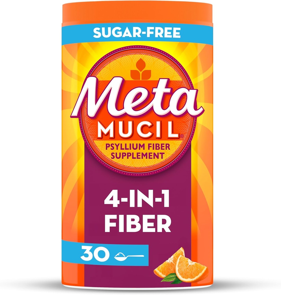Metamucil 4 in 1 polvere giornaliera di supplemento di fibra, polvere di fibra per la salute e la regolarità digestiva*, senza zucchero, arancione, fibra di psyllium naturale, 30 cucchiaini