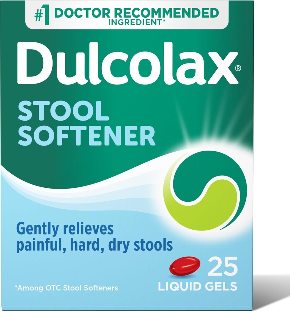 Sgabello di Dulcolax Softener Gel Liquido Lassativo Capsule, Rilievo di Costipazione Gentle per Sgabelli Secchi, Docusate Sodio 100 mg, 25 Conte