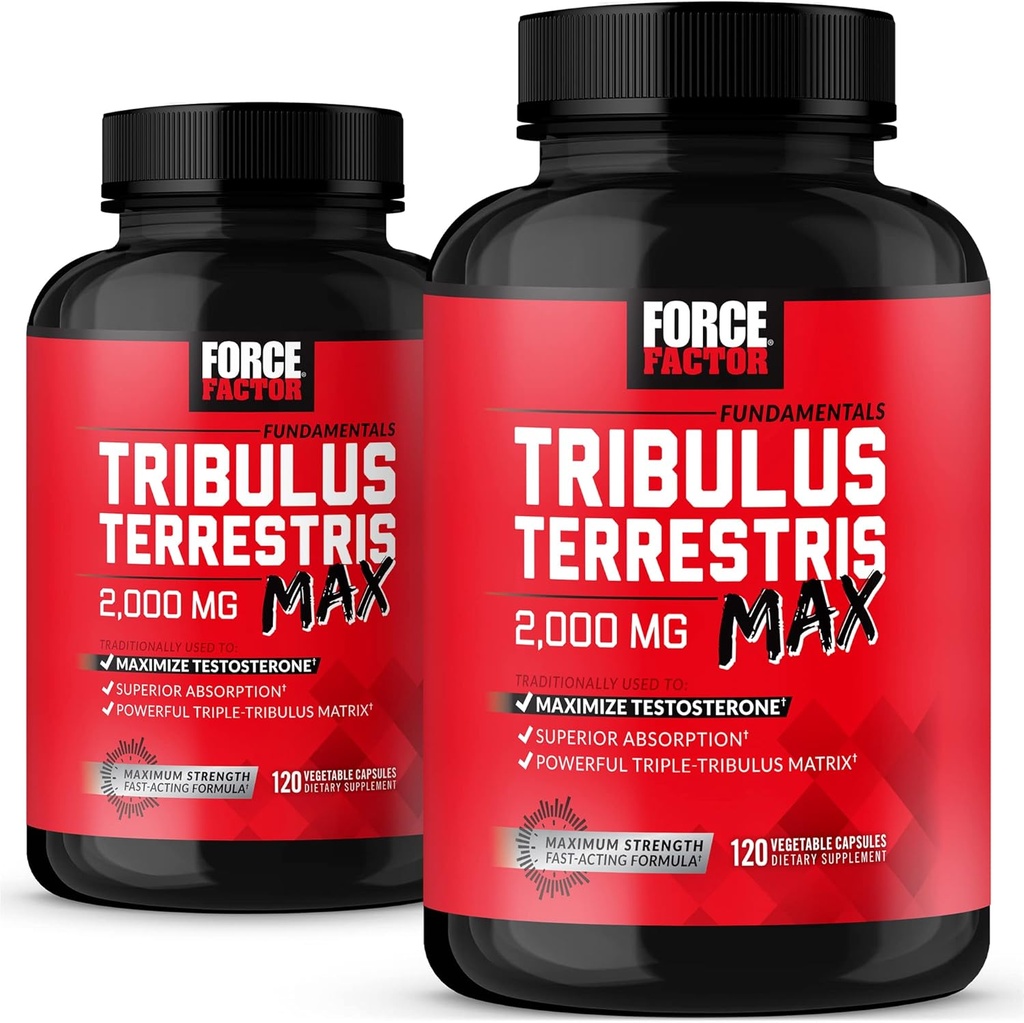 FORCE FACTOR Tribulus Terrestris Max per gli uomini 2-Pack, Testosterone Booster, supplemento di vitalità maschile, fatto con ingredienti naturali chiave Assorbimento superiore, 2000mg, 240 Capsule, Rosso