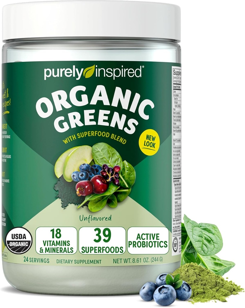 Miscela di Smoothie di polvere verde puramente ispirata, senza aroma (24 Serve) - Probiotici per la salute digestiva con Spirulina & Chlorella per la salute del fegato - Vegan & Gluten-Free