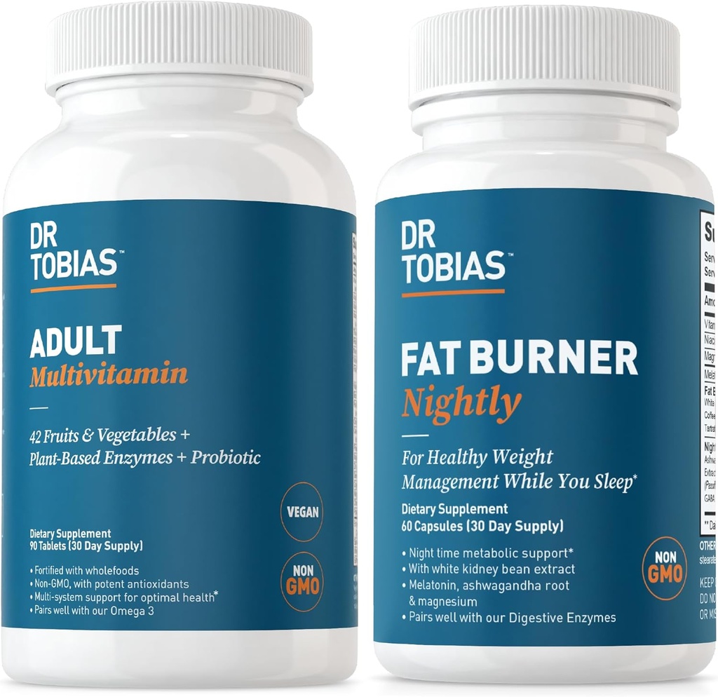Dr. Tobias Fat Burner Nightly & Adult Multivitamin Supporta l'energia, l'immunità e il metabolismo con Ashwagandha. 42 Frutta & Verdura con Probiotici, Estratto di chicco di caffè verde, Non OGM, Alimentazione di 30 giorni