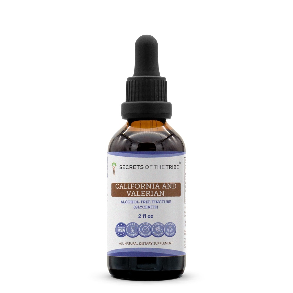 Segreti della Tribe California e Valerian Tincture Alcohol-Free Extract, Herbs (California Poppy Herb and Flower, Valerian Root) 2 oz