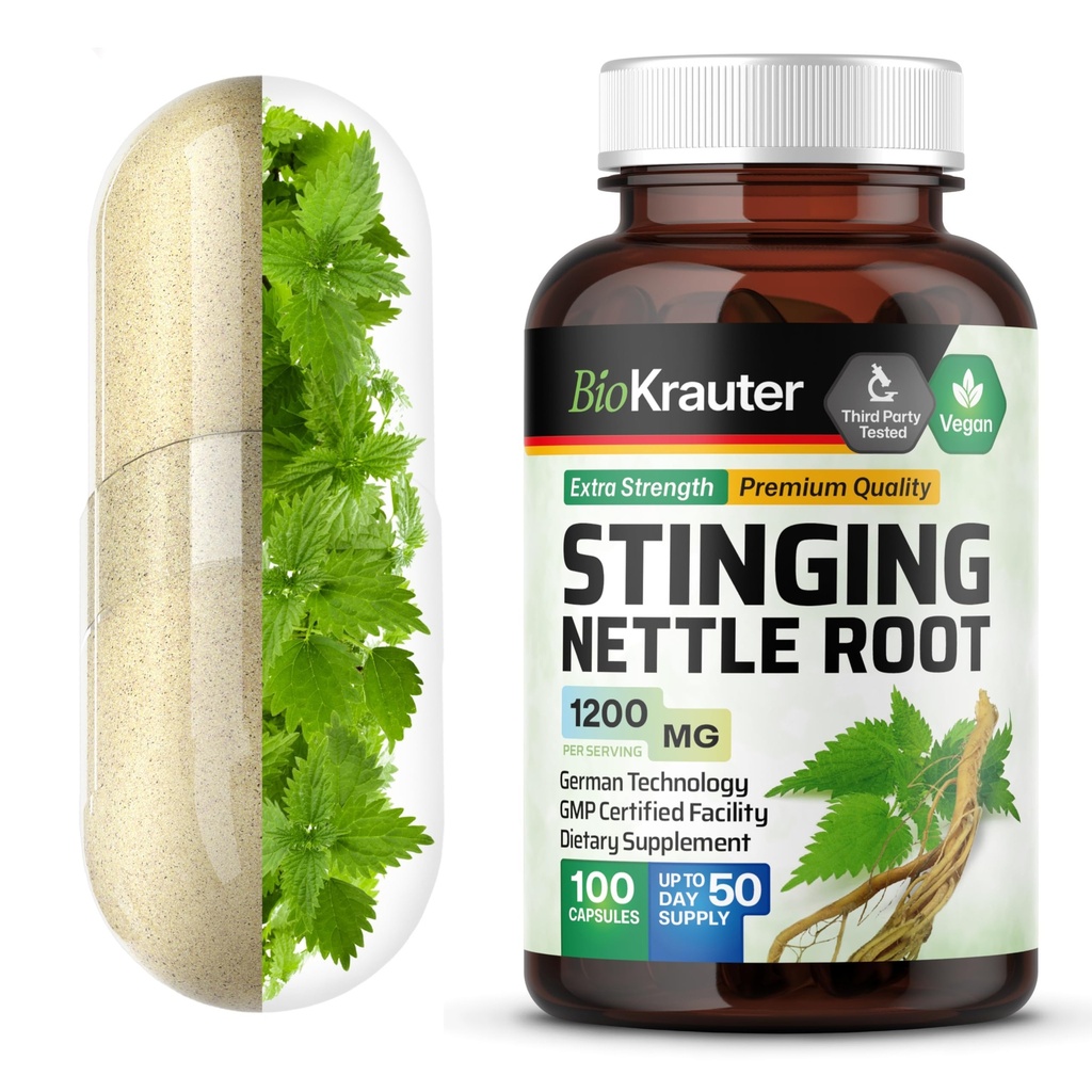 BIO KRAUTER Sting Nettle Capsule 1200 mg - 100 Natural Urinary Tract & Support Caps - Nettle Root Powder (Urtica Dioica) - Non OGM