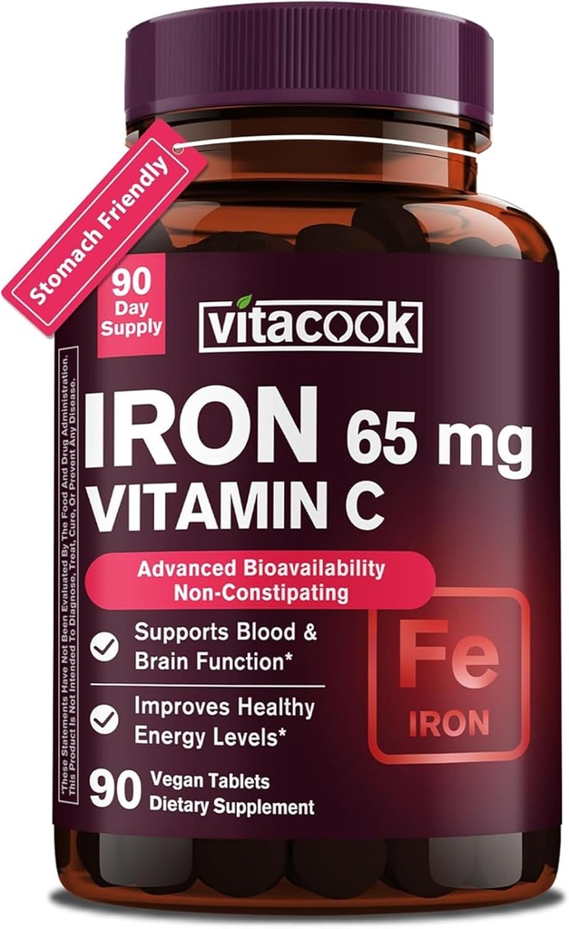 Supplemento di ferro per le donne uomini | Ferro ad alta potenza 65mg con vitamina C 250mg | Pillole di ferro amichevoli per globuli rossi e supporto immunitario | Vegan, Non OGM & Gluten Free | 90 compresse