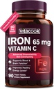 Supplemento di ferro per le donne uomini | Ferro ad alta potenza 65mg con vitamina C 250mg | Pillole di ferro amichevoli per globuli rossi e supporto immunitario | Vegan, Non OGM & Gluten Free | 90 compresse