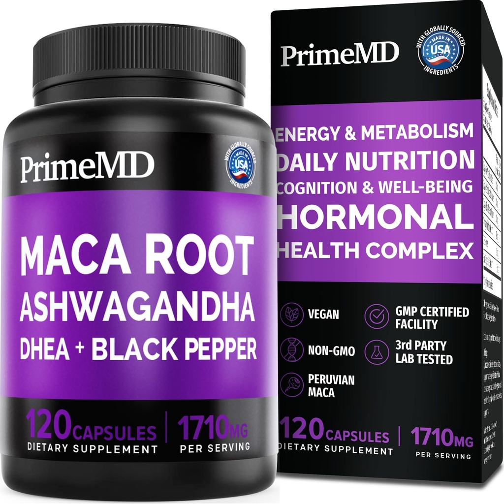 6-in-1 Organic Maca Root Ashwagandha Capsule 1710mg con DHEA e Black Pepper Fruit Extract per le donne e gli uomini - Nero Maca Supplemento per Stamina, Bone e Mood Support Supplemento, 120 conteggio
