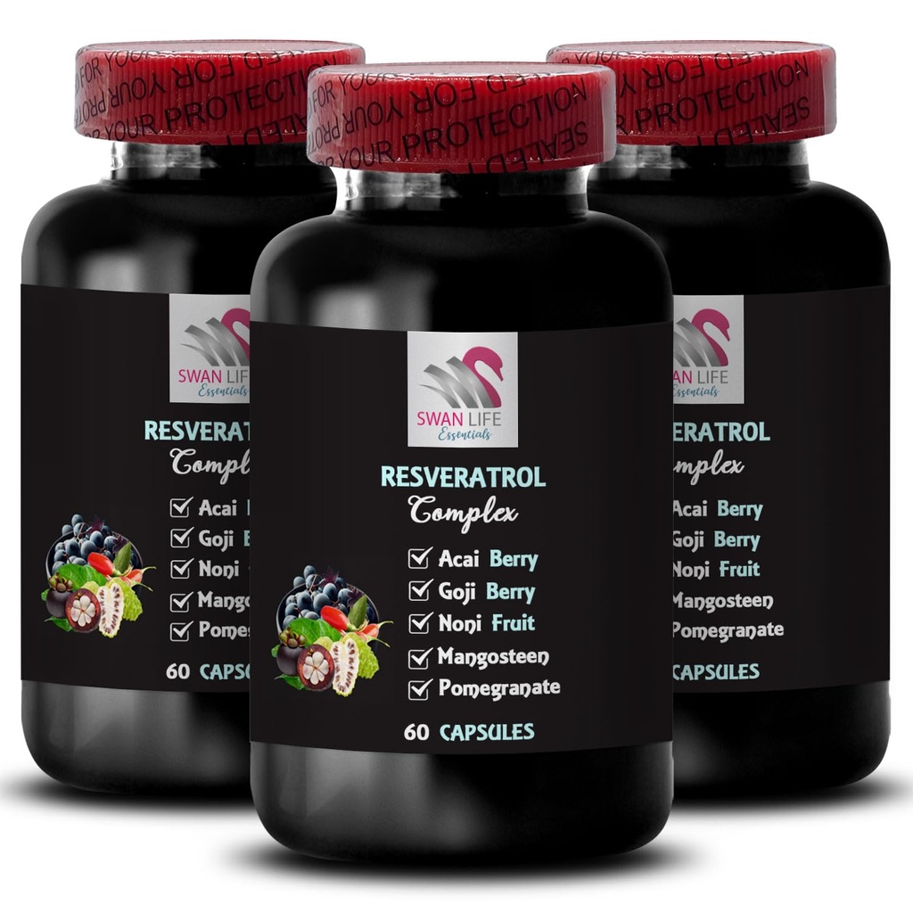 Berry Benefits - RESVERATROL COMLEX - Antiossidanti giornalieri, Acai Berry Strength, Elderberry Boost, Grape Skin Boost, Pomegranate Energy, Goji Berry Power, Hydration Factor 3 Bottiglie 180 Capsule