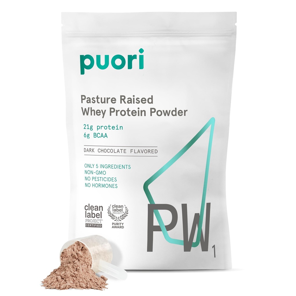 Puòri Whey Protein Powder, Cioccolato Oscuro - PW1 Pasture-Raised, Grass-Fed Whey Protein Powder Drink Mix contenente aminoacidi BCAA - Supplemento post-allenamento per guadagno muscolare & Recupero - 30 Serve