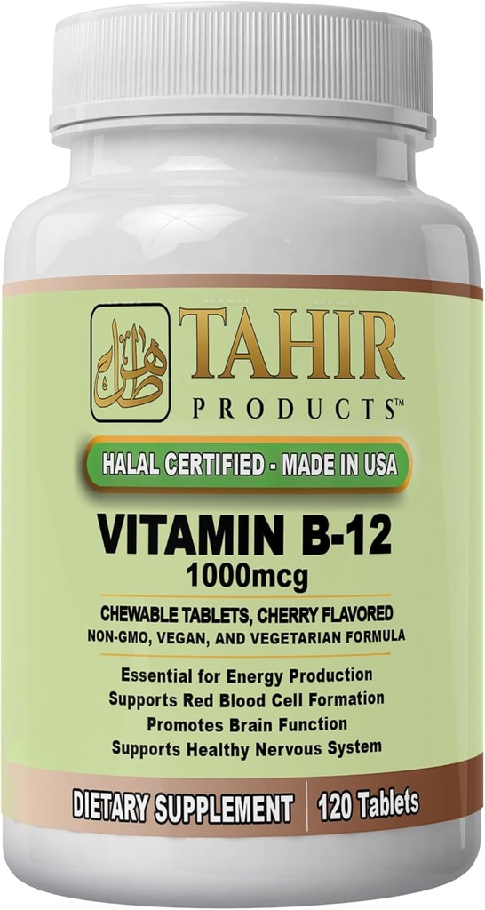Tahir Halal Vitamin B12 1000mcg: Aumenta l'energia, il metabolismo e la salute del sistema nervoso. Vegan & Vegetariano, Dairy-Free, 120 compresse masticabili. Made in USA - Certificato Halal.