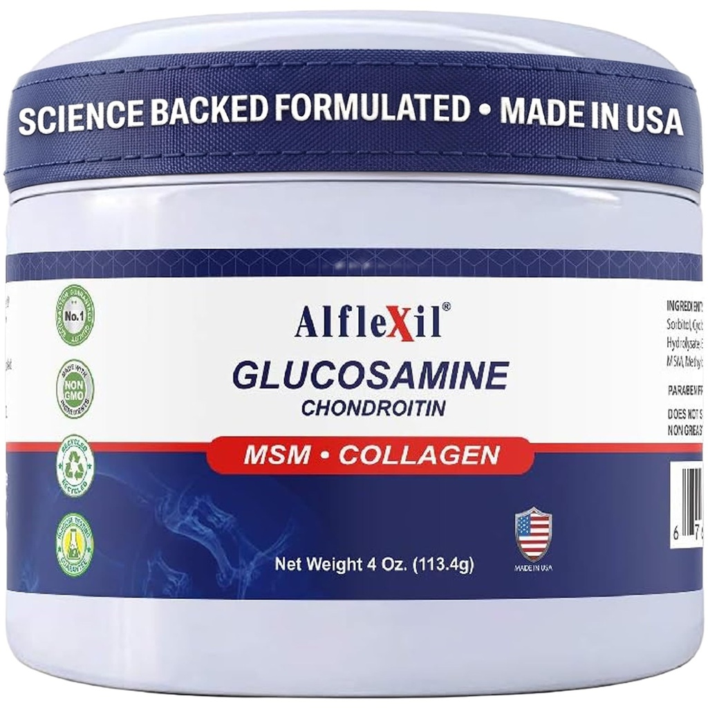 ALFA VITAMINS Alflexil Glucosamine Plus Crema di condroitina con MSM & Collagen, Supporta giunti sani, Joint & Muscle Pain Relief, Migliora la mobilità, l'assorbimento rapido e idrata la pelle, 4 Oz.