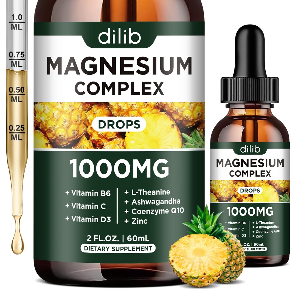 Supplemento Triple Magnesium Complex, Magnesio Glycinate, Blend, Citrate Liquid Drops 1000mg con Ashwagandha, CoQ10, Vitamina B6, C, D, Zinco - Vegan ananas Flavor