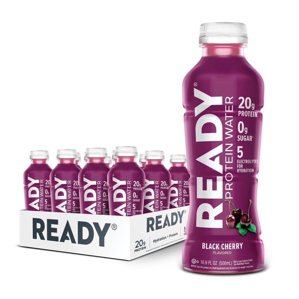 Ready® Protein Water – Isolato proteico 20g Whey, Zucchero Zero, Bevanda sportiva a basso contenuto di calorie per l'idratazione e il recupero – Elettroliti, Aminoacidi essenziali – Ciliegia nera, Bottiglie da 16.9 fl oz (12-Pack)