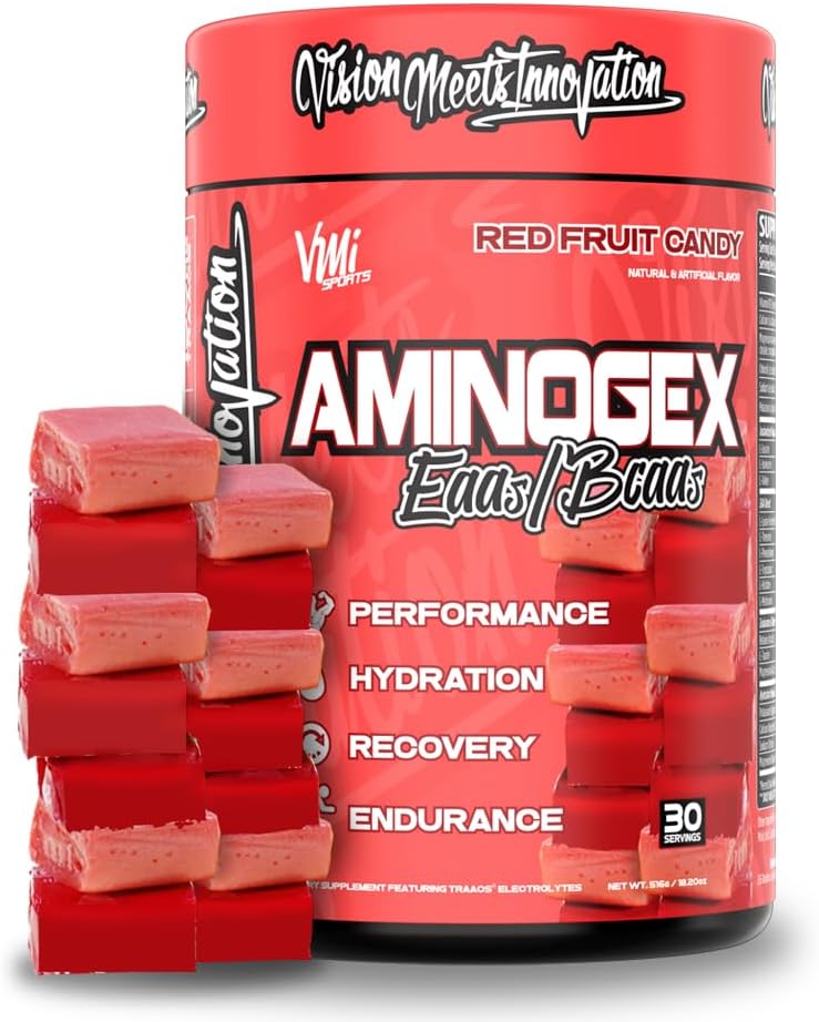 VMI Sports Aminogex Ultra | Polvere BCAA | Aminoacidi + Betaina e Glutamina | Aminoacido Post Workout Recovery Drink | Intra Workout Drink with Electrolytes | (30 Serve) (Red Fruit Candy)