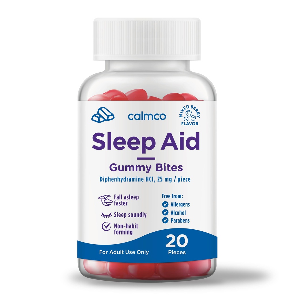 CalmCo Adult Sleep Aid Gummy Bites - Non-Habit Forming Sleep Support con 25 mg Diphenhydramine, Easy-to-Chew Nighttime Sleep Aid Gummies, promuove il sonno migliore e Autunno Asleep più veloce, 20 Conte