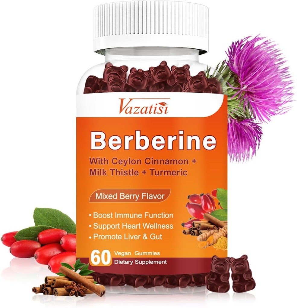 1500mg Berberine Gummies, Alta Potenza Berberina Supplemento con Ceylon Cinnamon Gummies, Turmerico, Magnesio, Zucchero Libero, Non OGM, Senza Glutine - Misto Aroma di bacche 60 Gummies