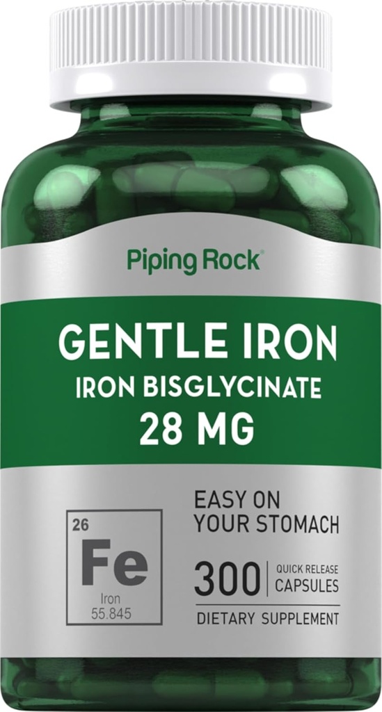 Piping Rock Iron Bisglycinate 28 mg | 300 capsule | Gentle Iron Supplement | Non-GMO & Gluten Free
