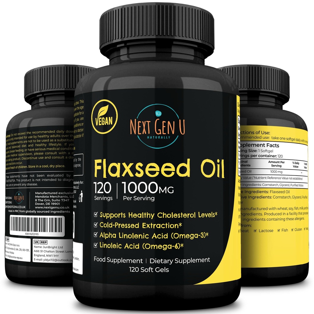 Flaxseed Oil Capsules - 1000 mg - 120 Vegan Soft Gels - High in Omega 3, 6, 9 - Cold Pressed Flax Seed Formula - 4 mesi di alimentazione - by NextGenU