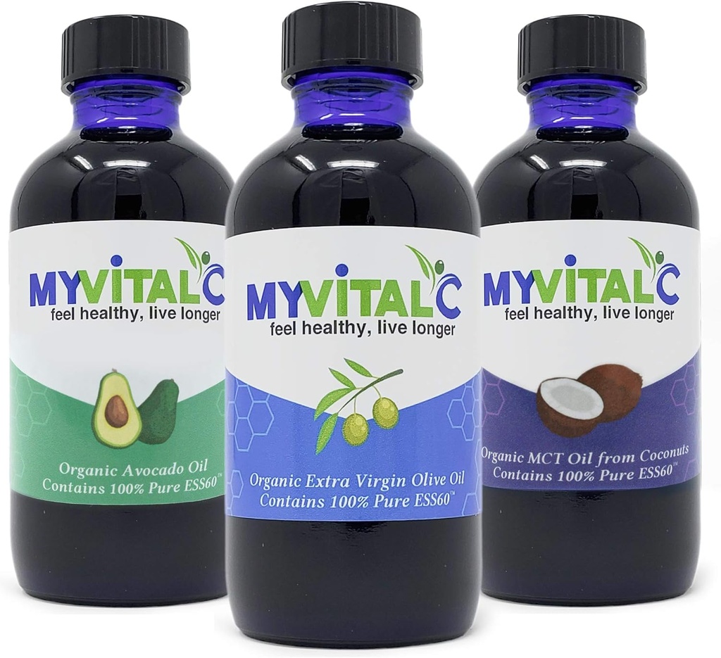 MyVitalC Combo di Olio Extra Vergine di Oliva Biologico, Olio MCT & Avocado - ESS60 Integratore Antiossidante - Per Antiinvecchiamento, Longevità, Sonno, Energia - Confezione da 3