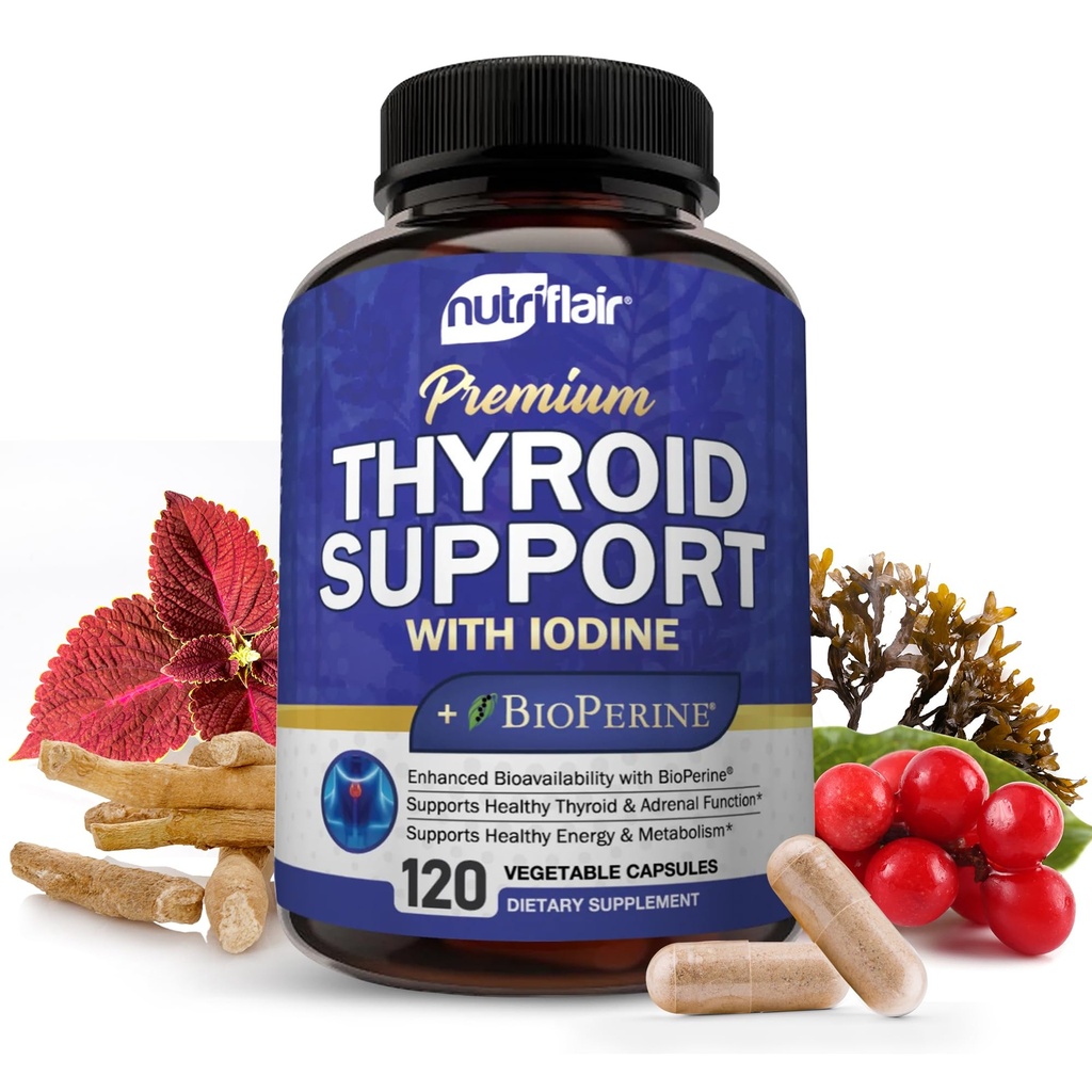 NutriFlair Thyroid Support Complex, 120 Capsule - con Iodio, Pepe Nero, Ashwagandha, Vitamina B12 - Integratore tiroideo per Donne e Uomini