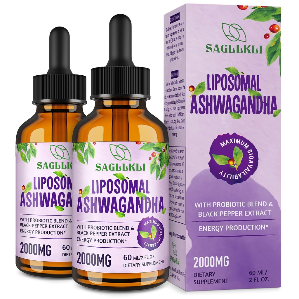 Liposomal Ashwagandha Liquid Drops 2000mg, Ashwagandha Root Extract Supplement (7% Withanolides) con Black Pepper Extract & Probiotics for Focus, Cognition & Energy - 4 FL.OZ (2 Bottiglia)