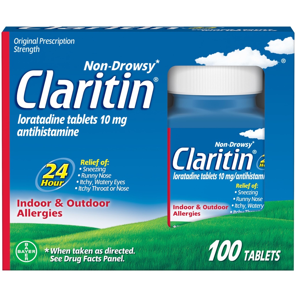 Claritin Allergy Medicine per Adulti, 24-Hour Non-Drowsy Loratadine 10mg Pillole, Antistamina, 100 compresse