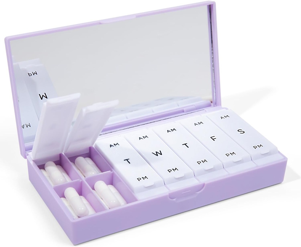 PORT X POLISH Designer Weekly Pill Box Organizer (AM/PM 2X Daily, Lilac) | Compact, Elegante 7-Day Vitamin Supplement Case | Carino Portable Mini Travel Medicine Carrier | BPA-Free Pillbox Caddy
