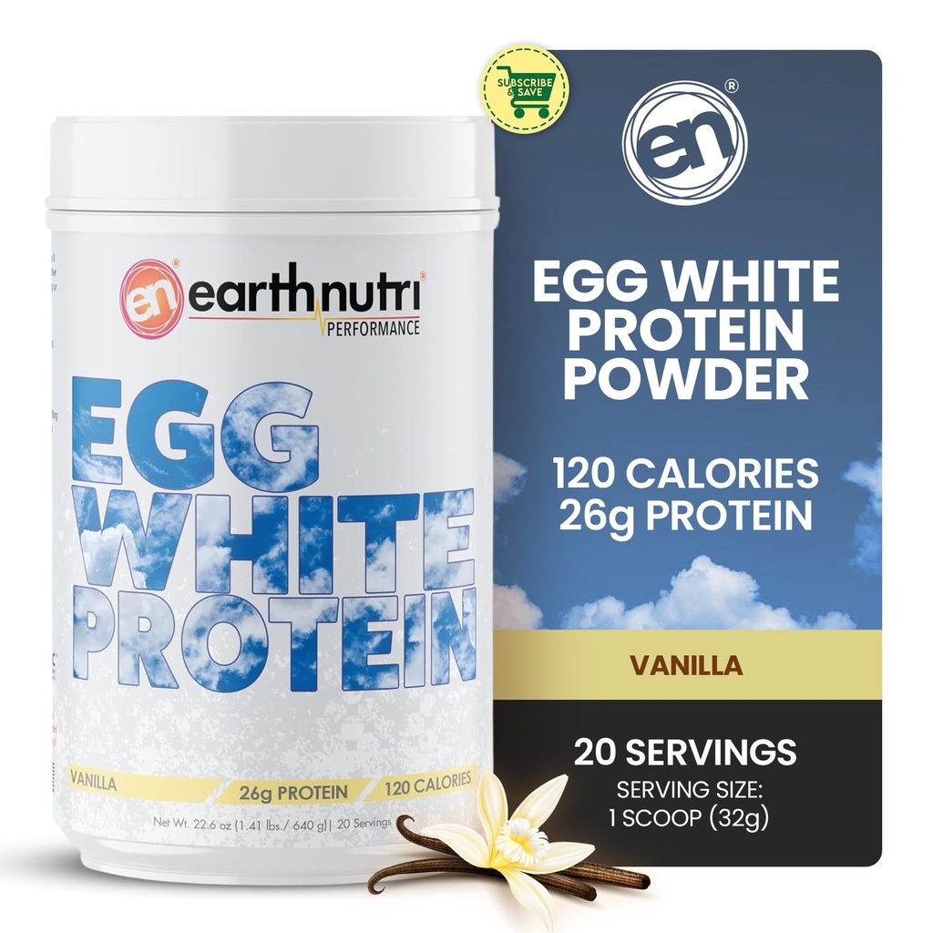 EarthNutri - Egg White Protein Powder Supplement per Pre, Intra o Post Workout, 26g di Protein Per Serving, Supporta la Forza Muscolare & Recovery, No Artificial Additives - Vanilla 20 Servings (640g)