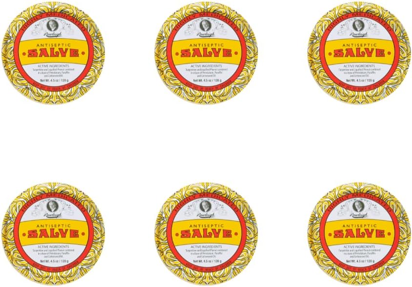 Rawleigh Antiseptic Salve Iconic Yellow Big Tin: 4.5 oz, Multi-Purpose Ointment Soothes Cuts, Bruises, Irritations, with Turpentine, Phenol, Cottonseed Oil & Paraffin, Original Formula - Confezione da 6