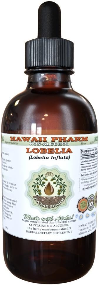 Lobelia Alcohol-Free Liquid Extract, Lobelia Organica (Lobelia Inflata) Dried Herb Glycerite Hawaii Pharm Natural Herbal Supplement 4 oz