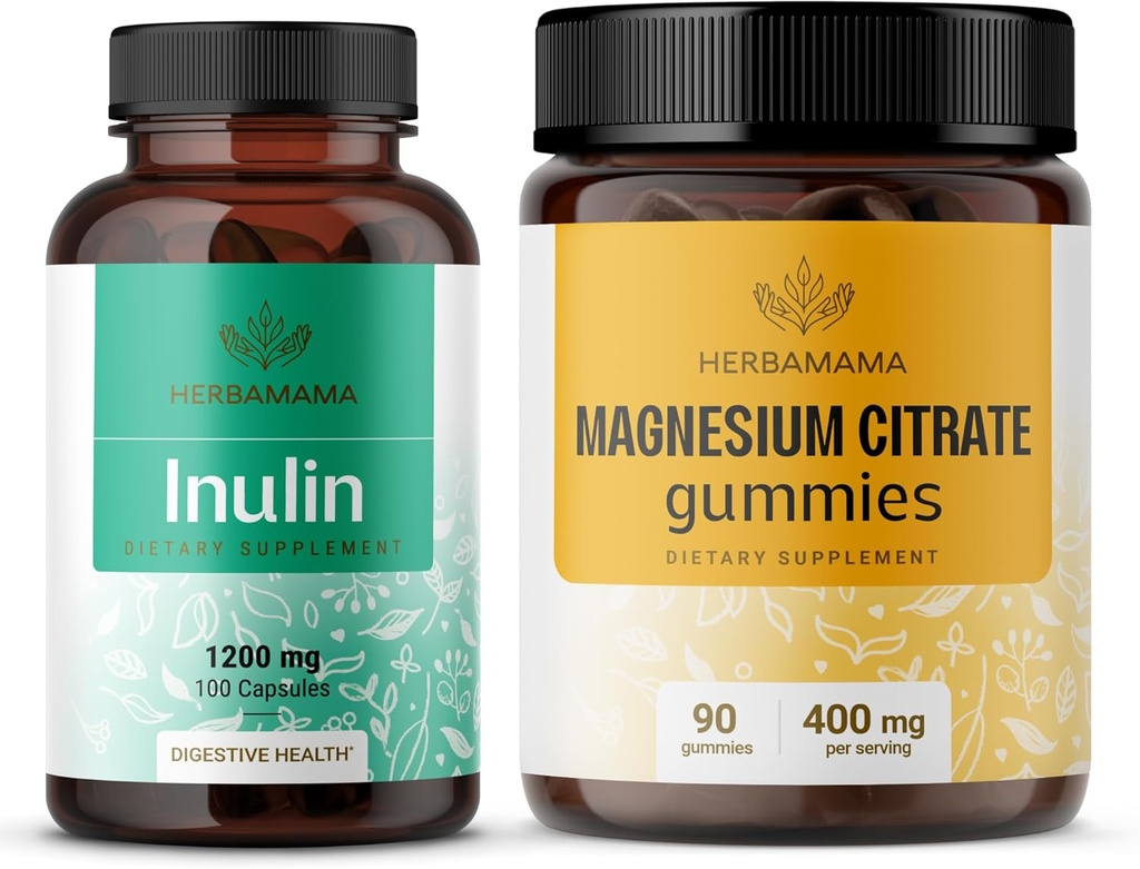 HERBAMAMA Kit Inulina e Magnesio - Bundle di 1200 mg Inulina Fibra Capsule & 400 mg Magnesio Citrato Gummies - Vegan, Non OGM, Gelatinl-Free - 2 Confezione