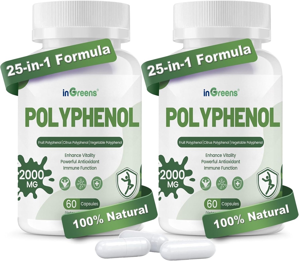 25-in-1 Polyphenols Supplement, 2000MG Antiossidanti potenti & Polyphenol per la difesa dell'età, Superfood polifenolo, Quercetina, Resveratrolo, Basato vegetale & energia, Supporto immunitario, 120 capsule