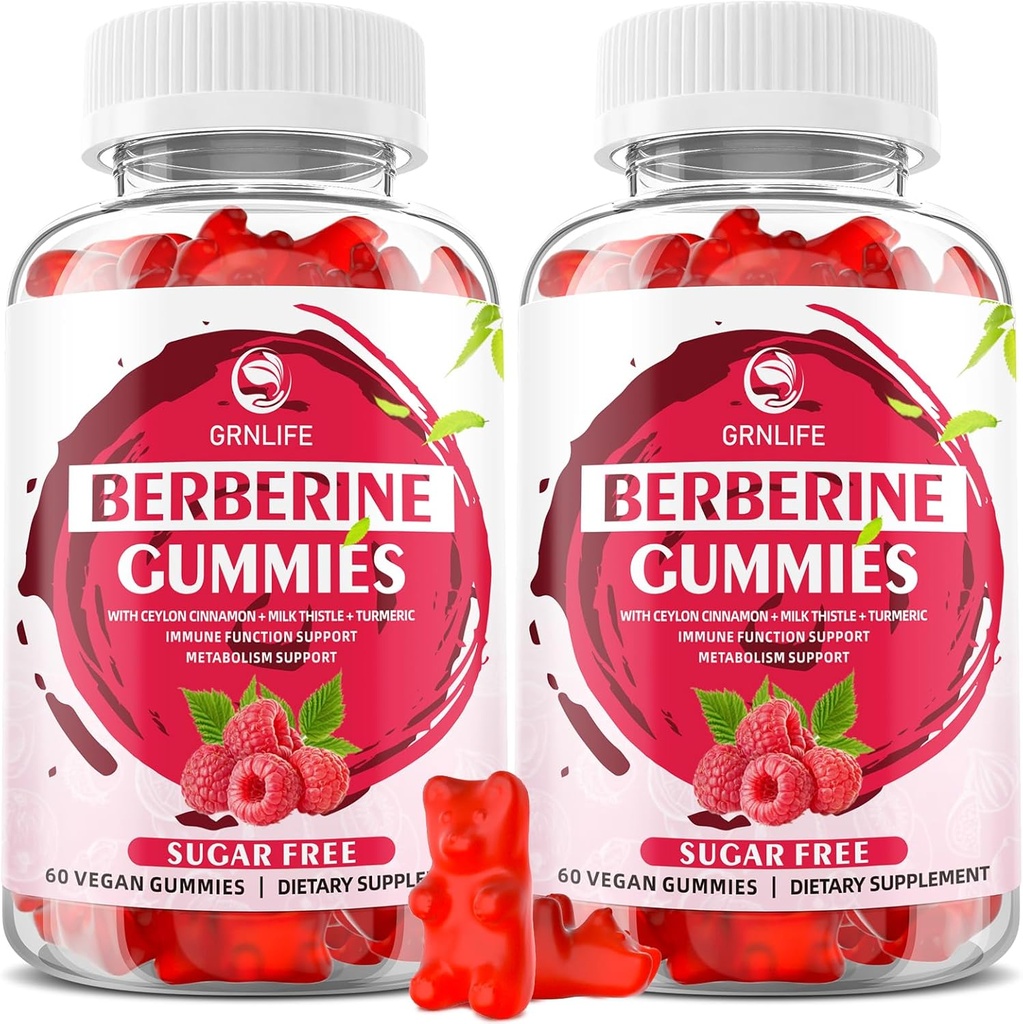 Gummie di Berberina con Ceylon Cinnamon 1500mg High Potency Berberine HCL Supplemento per Immune e Metabolism Support, Sugar Free, Raspberry Flavor - 120 Conte