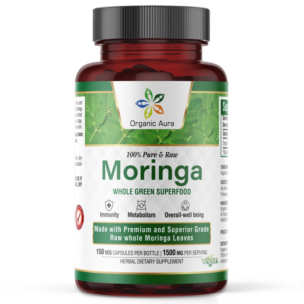 Organic Aura Moringa Leaf Capsule | 1500mg - 150 HPMC Veg | Whole Leaves Green Super Food | Naturally Boosts Metabolism, Energy, Health, & Stamina | 100% Pure Safe Moringa |Non OGM.