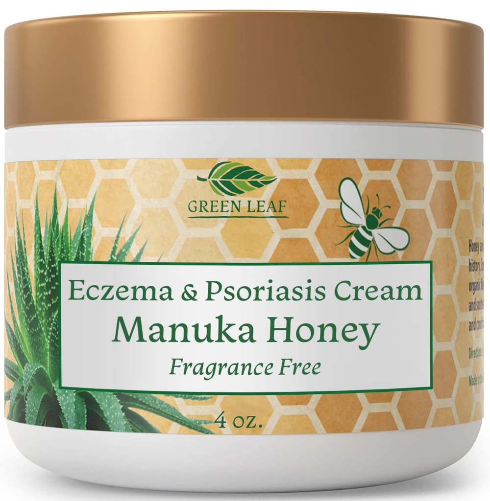 Green Leaf Naturals Manuka Honey Eczema Crema idratante Lozione Fragrance Free per Psoriasis Relief - Itchy, Dry Skin Ointment - Skin Soothing Moisturizer - Body & Face Cream - Kids & Adults 4oz