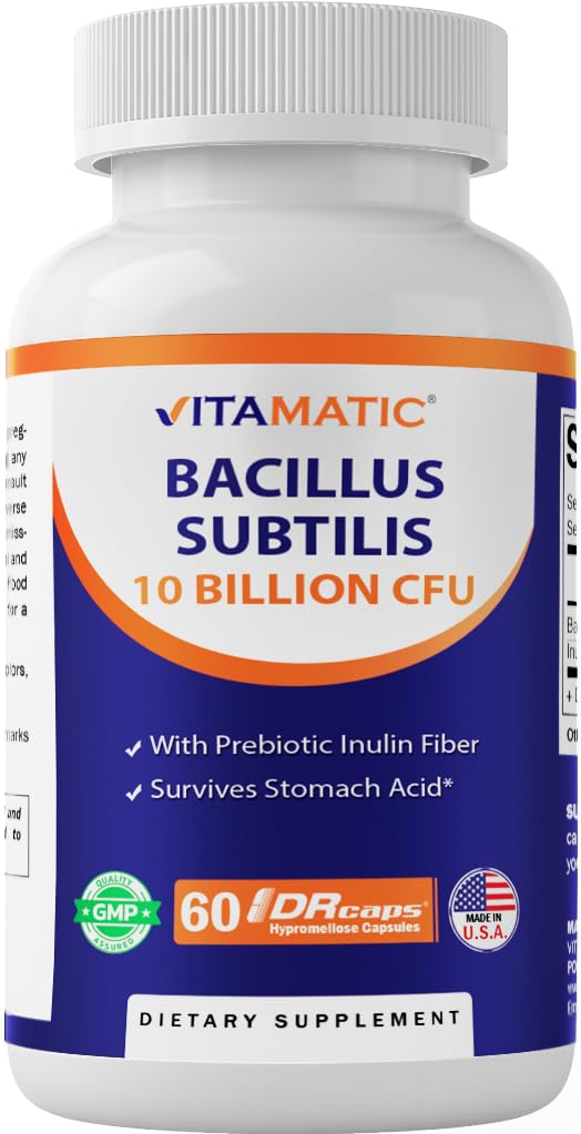 Vitamatic Bacillus Subtilis 10 miliardi per DR Capsule - 60 Count - Digestivo, Gut & Immune Health Support - Realizzato con fibra di Inulina Prebiotica