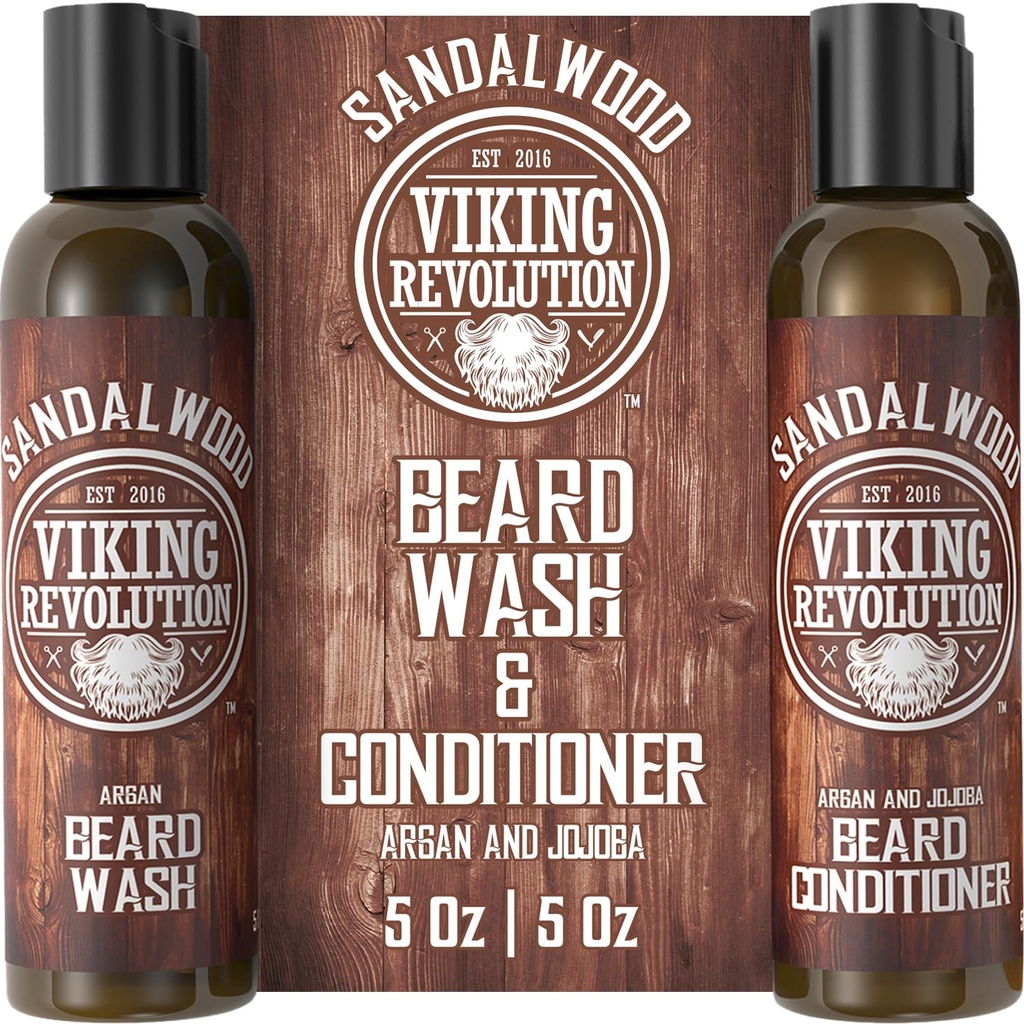 Viking Revolution Beard Wash & Beard Condizionatore Set w/Argan & Jojoba Oli - Softens & Strengthens - Natural Beard Shampoo w/Beard Oil Sandalwood (5oz)