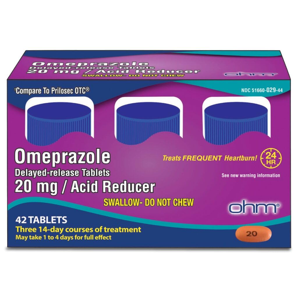 Ohm Omeprazole 20mg, 42 compresse di rilascio ritardato, Riduttore di acido per bruciore di stomaco frequente, 24-Hour Rilievo Medicina di bruciore di stomaco, Aiuta a Alleviare Stomach & Chest Discomfort (6 settimane di alimentazione, 42, Conte)