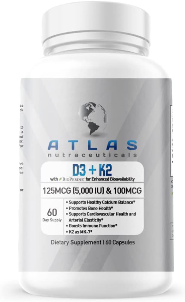 Atlas Nutraceuticals-Vitamin D3+K2- Vitamina D3 5000IU Plus K2, 2 in 1 Formula, MK7 Vitamin K2, 60 Capsule, Immune Vitamin Complex