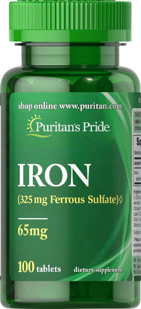 Puritans Pride Iron Ferrous Sulfate 65 Mg compresse, 100 Conte
